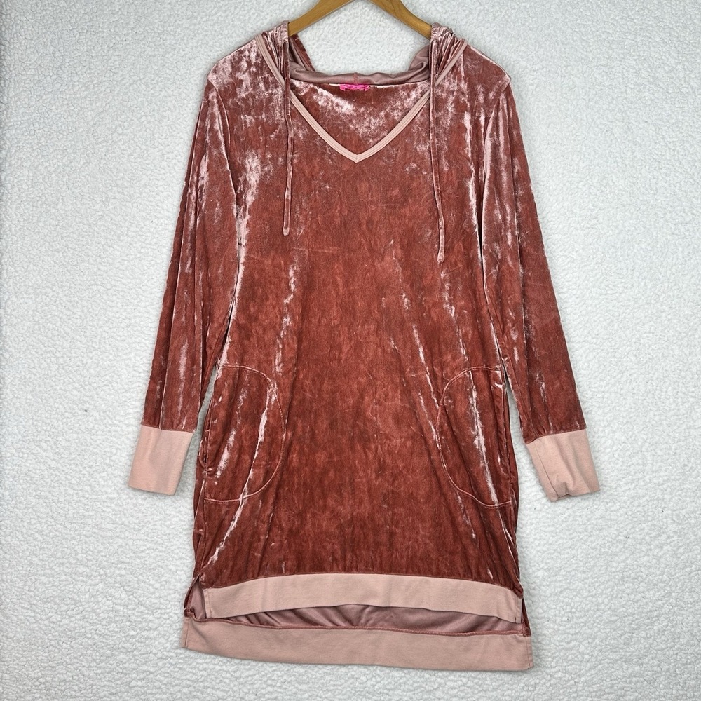 Betsey Johnson Velvet Hoodie Dress Womens M Rust Pink Velour Tunic Pockets Y2K
